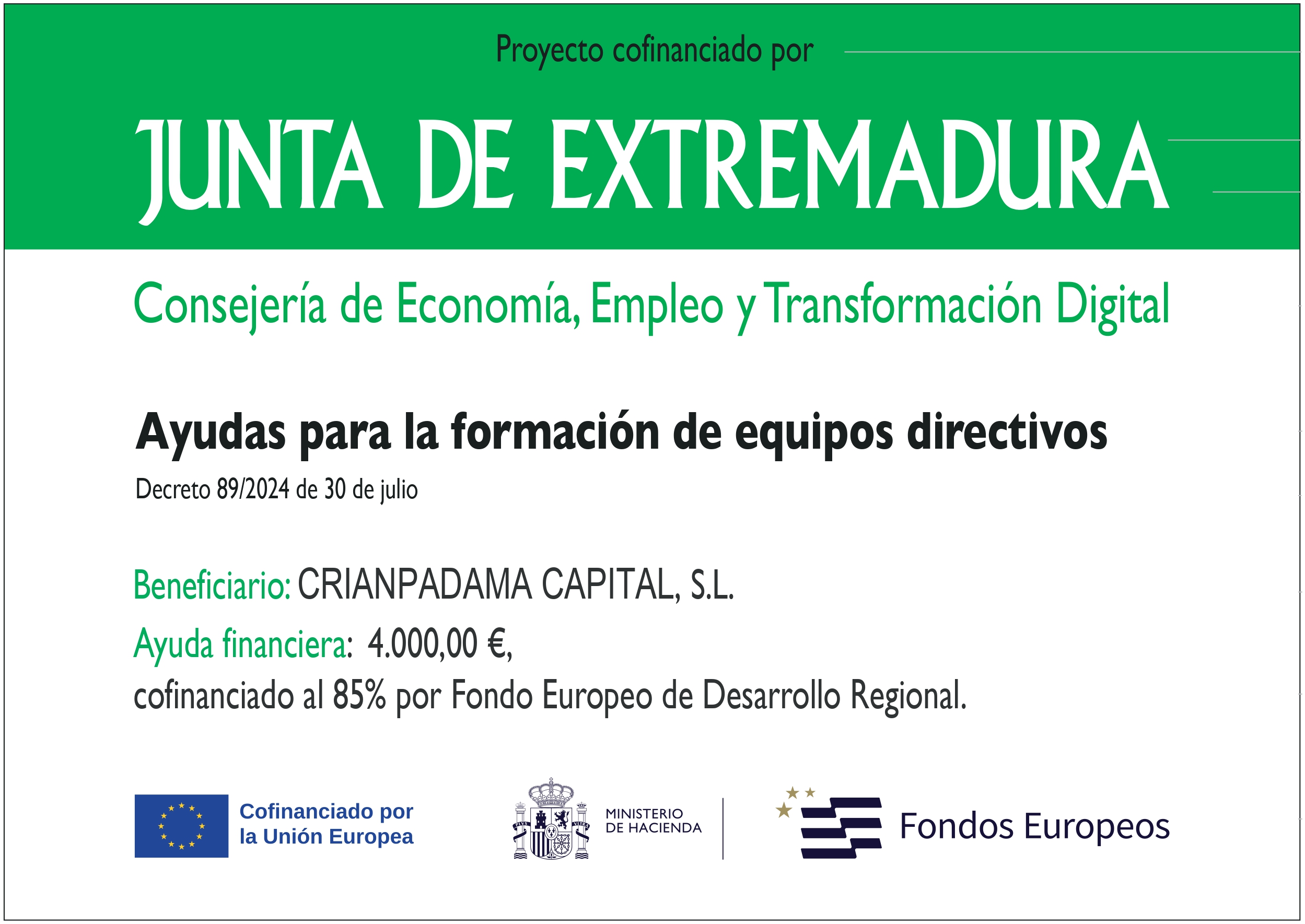 Cartel informativo de proyecto financiado por la Unión Europea y la Junta de Extremadura para investigación en almacenamiento térmico frío-calor