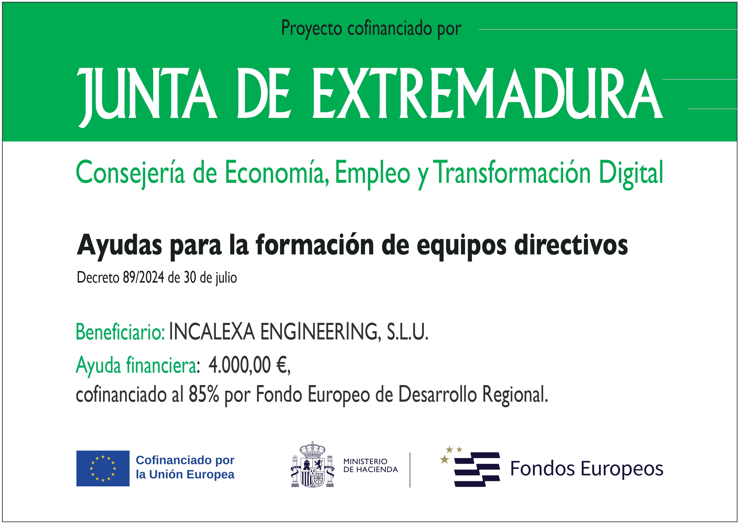 Cartel informativo de proyecto financiado por la Unión Europea y la Junta de Extremadura para investigación en almacenamiento térmico frío-calor