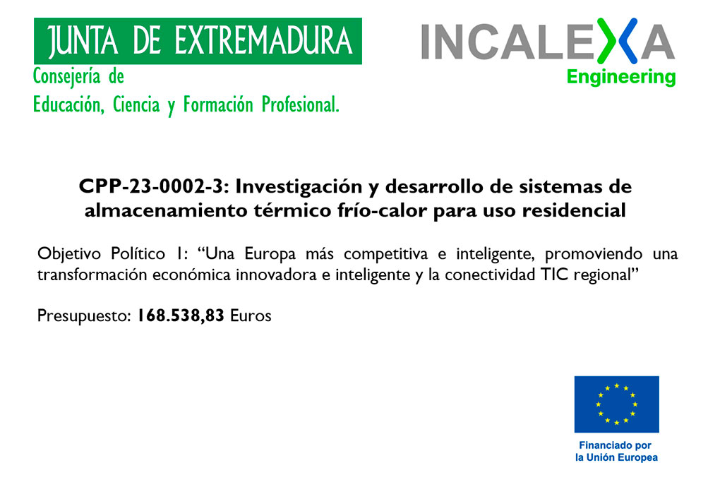 Cartel informativo de proyecto financiado por la Unión Europea y la Junta de Extremadura para investigación en almacenamiento térmico frío-calor